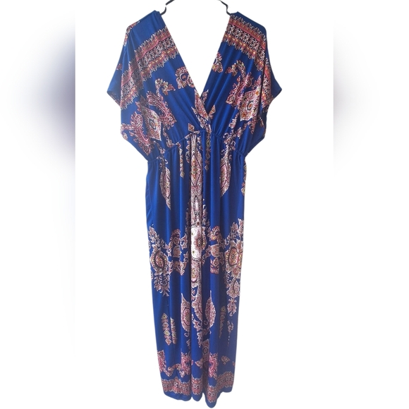 Lapogee Made In India Paysley Blue Double V Women's Maxi Dress 1X - Picture 1 of 8